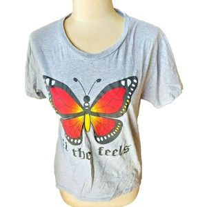 On Fire Women's Colorful Butterfly Top T-Shirt Gray ALL THE FEELS Size XL Cotton
